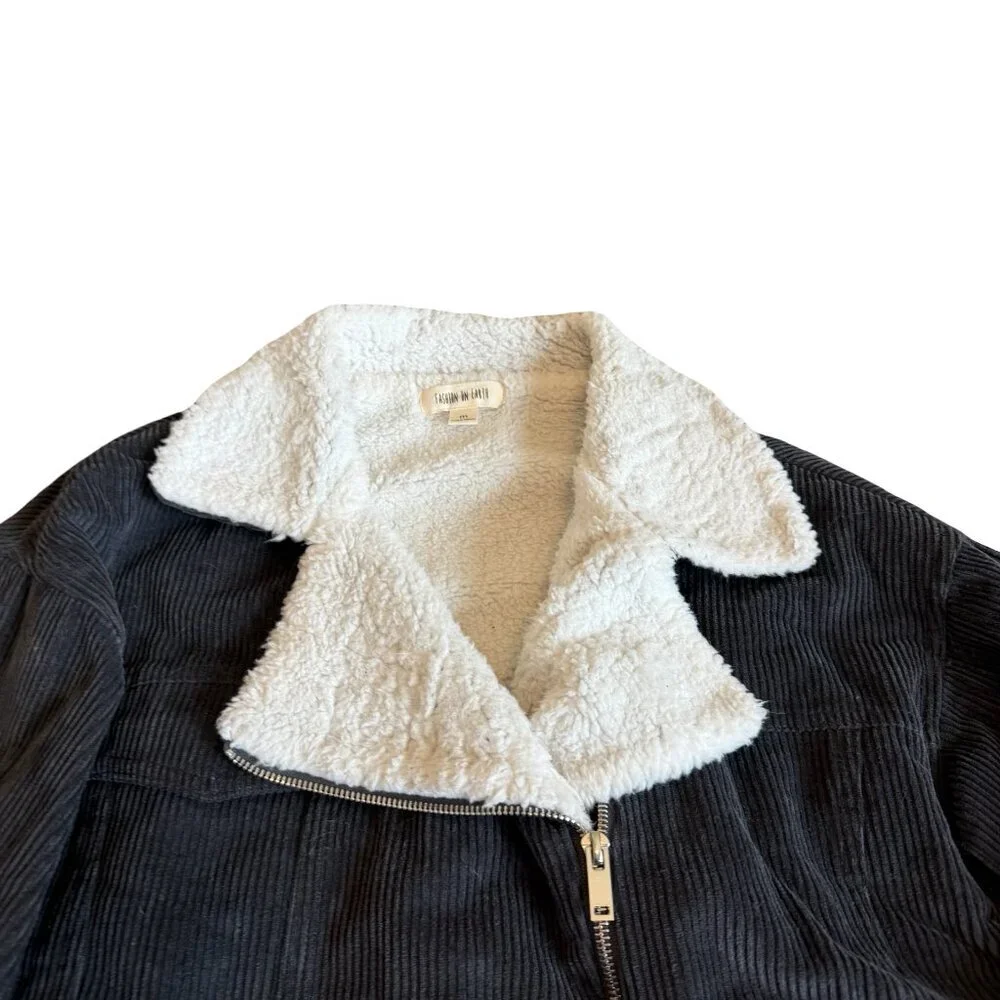 Fashion on Earth Grey Corduroy Asymmetrical Jacket Sherpa Lined Belted Sz Medium